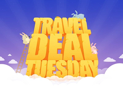 Travel Deal Tuesday 2024 Hero bunny carrot clouds cute deal hopper illustration landscape sale travel tuesday typography