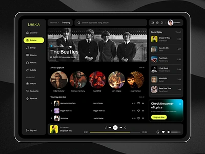 Lyrica - Music Dashboard audio book clean concert design event interface music music player playlist podcast product saas service spotify startup streaming ui ux web website