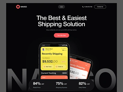 Navigo - Shipping App application dark design elementor framer landing mobile mode page platform product saas shipping software ui webflow website wordpress