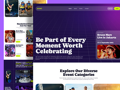 EVVNT - Booking Event Website branding clean concert darkmode event festival figma green music party popular purple ticket uiux unspace website design