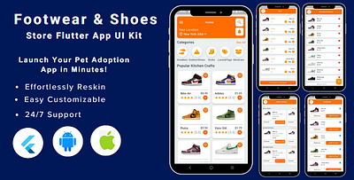 Shoes Store App -Footwear eCommerce Store Flutter Mobile App Ui animation design flutter template flutter ui kit graphic design nike shoes app ui online shoes app shoes app shoes market mobile app shoes store app design ui ui kit