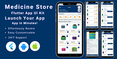 Medicine App Store - Online Pharmacy ecommerce Flutter App Ui 3d animation branding design flutter template flutter ui kit graphic design illustration online medicine store pharmacy mobile app ui ui kit