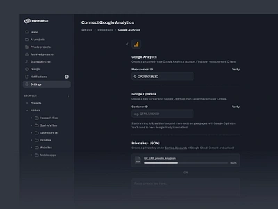 Google Analytics settings — Untitled UI dark mode form preferences product design settings ui design user interface