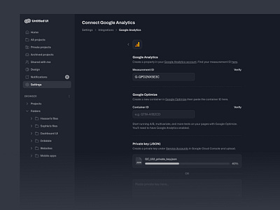 Google Analytics settings — Untitled UI dark mode form preferences product design settings ui design user interface