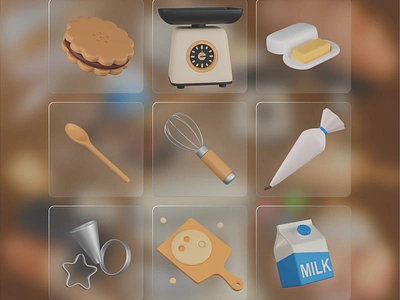 Baking 3D Icon Pack 3d 3d icons bakery baking 3d icon baking equipment biscuit blender butter dough graphic design icons illustration kitchenware milk piping bag scale shapes ui whisk