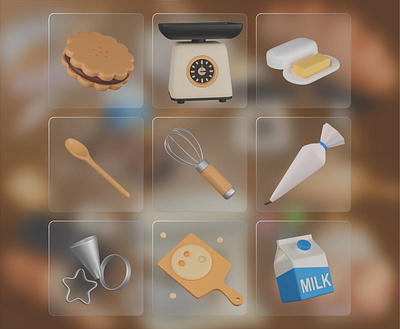 Baking 3D Icon Pack 3d 3d icons bakery baking 3d icon baking equipment biscuit blender butter dough graphic design icons illustration kitchenware milk piping bag scale shapes ui whisk