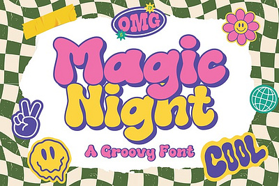 Magic Night is a stylish retro font 2000s 70s bold decorative font disco display font font hippie psychedelic rounded vibe vintage