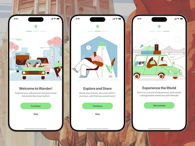 Splash screens for a travel app- "wander" by by Ojo Adeola joy app designs mobileapp splash screens travel app ui ui designs