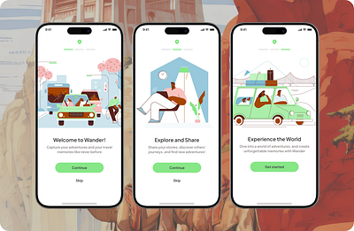 Splash screens for a travel journalling app- "wander" app designs mobileapp splash screens travel app ui ui designs