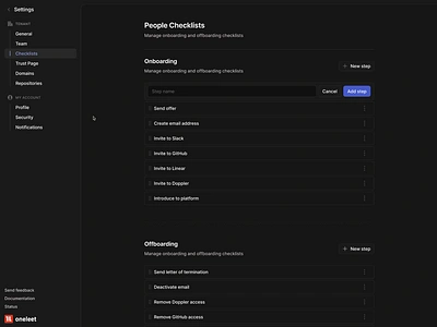 Compliance Platform - Employee Checklists Settings animated animation compliance platform dark dark mode figma list minimal product design saas settings system configuration ui ui design web