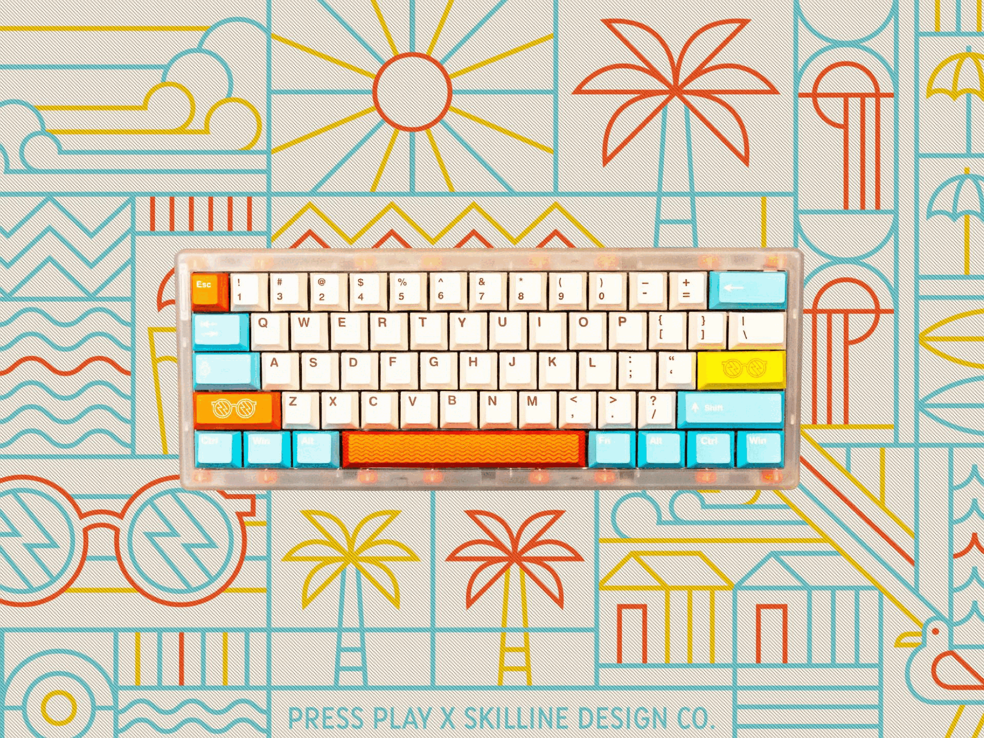 Pressplay x Skilline: Sub Keycap Set and DeskMate badge design deskmate editorial geometric graphic design illustration line art line work minimalist packaging retro vibrant vintage workspace