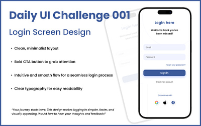 Challenge 001: Login Screen Design | Daily UI Challenge appdesign appui bluecolor dailyuichallenge designinspiration designsystem loginscreen loginscreendesign minimaldesign mobileui signin simple design uiuxdesign userexperience uxui