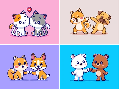 Animal Friends🐱🐶🐻‍❄️ animal bear branding cartoon cat character corgi cute dog doodle flat friendship icon illlustration logo love polar bear relationship shiba inu team