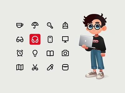 Everyday Icons: Essential Objects airpods backpack book camera clock cup glasses headphones icon illustration key lightbulb map monitor pencil phone scissors umbrella