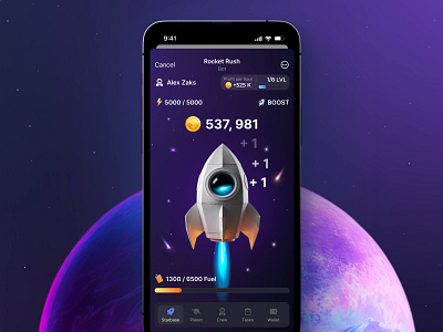 Rocket Rush | Clicker blockchain game clicker clicker design clicker game crypto clicker crypto design crypto game design hamster kombat product design startup tap game tap to earn tap to play tap2earn design telegram app telegram clicker ui ux web3 clicker