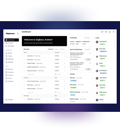 Gigbase - Web App application design client work collaborations communication dashboard freelancing platform gig base gigs jobs meeting invoices product design project shot projects responsive side bar ui design user experience user flow ux design web apps