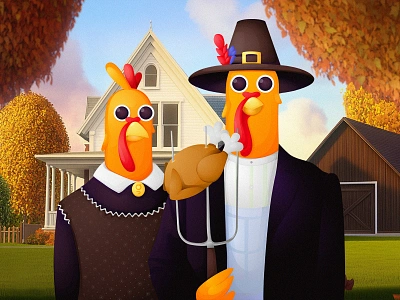 Happy Thanksgiving from Gapsy Studio! 🍁🦃 2d illustration american gothic art autumn autumnillustration card colors drawing grant wood graphic design holiday illustration illustrator pilgrim pumpkin thanksgiving thanksgivingday turkey ui weekend