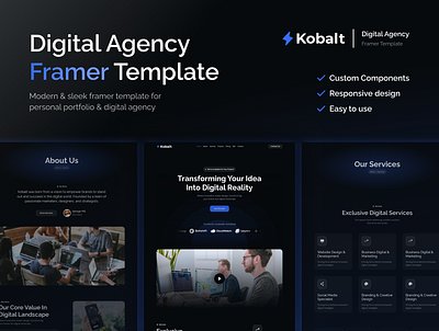 Kobalt - Digital Agency Website agency agency website business company creative agency design agency digital agency digital marketing framer framer template freelancer modern website portfolio portfolio website startup web design web designer web development web template website