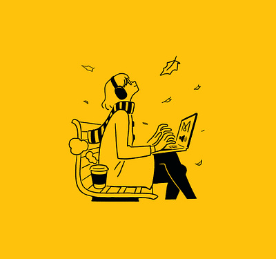 Monocle ads #33 autumn bench editorial illustration fall girl illustration laptop leaves magazine monocle park podcast radio remote working spot illustration