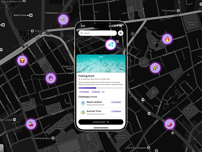 Map & AR Scan UI for Rewards Interface 3d animation ar branding clean design dark figma design graphic design location location based logo map design map ui maps navigation mobile app motion graphics navigation rewards top ui design ui