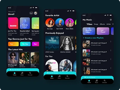 "Unveil - Modern Music App UI Design 🎵✨" appdesign appinterface cleandesign creativedesign darkmodeui designconcept dribbbledesign gradientdesign interactiveui mobileappdesign mobileui moderndesign musicapp musicplayer personalizedexperience uiinspiration uitrend uiuxdesign userinterface uxdesign