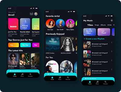 "Unveil - Modern Music App UI Design 🎵✨" appdesign appinterface cleandesign creativedesign darkmodeui designconcept dribbbledesign gradientdesign interactiveui mobileappdesign mobileui moderndesign musicapp musicplayer personalizedexperience uiinspiration uitrend uiuxdesign userinterface uxdesign