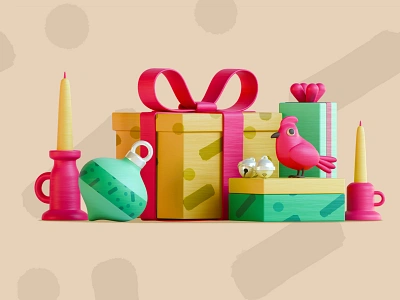 Christmas Scene N2 3d bird blender boxes christmas festive gifts illustration model modeling presents vibes xmas