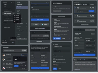 UI building blocks and navigation builder components configuration dark theme design desktop folders form interface navigation preferences pricing plans profile settings saas settings setup signup form subscription team management ui