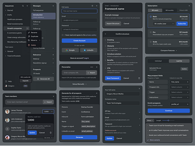 UI building blocks and navigation builder components configuration dark theme design desktop folders form interface navigation preferences pricing plans profile settings saas settings setup signup form subscription team management ui