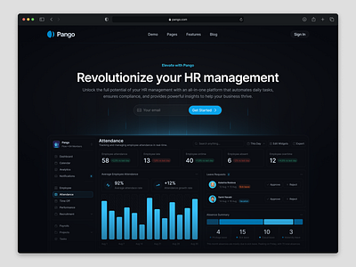 Pango - HR Management (Hero Section) acrarizq attendance dark mode dashboard hero hero section hr hr management interaction landing page leave request product design saas saas dashboard saas landing page ui user experience user interface ux web design