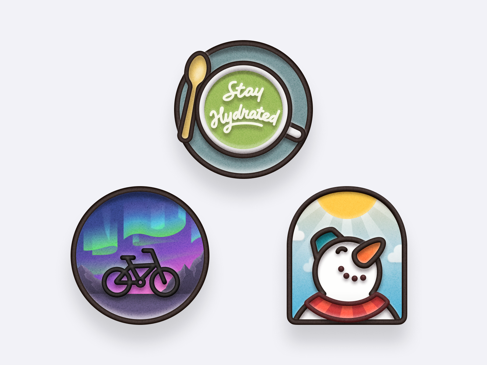 Badges 🌄 🚲 ☕️ ⛄️ 3d icon aurora badge bicycle coffee graphic design grow app illustration lettering matcha latte medal mountain pin skeuomorphic snowman stay hydrated sunshine texture valley winter