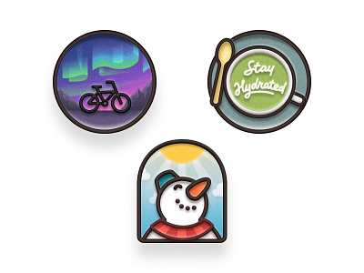 Badges 🌄 🚲 ☕️ ⛄️ 3d icon aurora badge bicycle coffee graphic design grow app illustration lettering matcha latte medal mountain pin skeuomorphic snowman stay hydrated sunshine texture valley winter