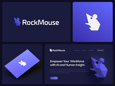 RockMouse Logo Concept 3d logo ai ai tool branding business card concept geometric gradient home page landing page logomark logotype modern mouse purple rock rockmouse visual identity web3 website