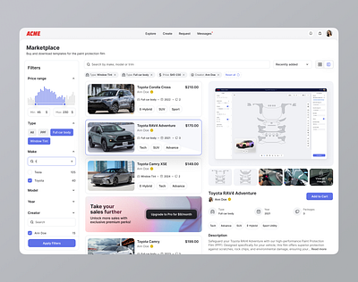 Marketplace and Pattern Editor for Paint Protection Film clean design marketplace ui ux