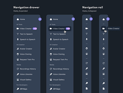 Component: Navigation drawer states app menu dark mode navigation drawer navigation rail side menu sidebar