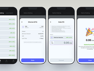 Staking app application bitcoin btc crypto earn earning eth interface ios mobile process processing stake staking states success ui wallet wip