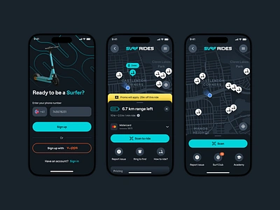 Surf App app app design app store branding dark mode dark mode app design desktop illustration landing mobile app mobile application scooter app ui design uidesign web web design