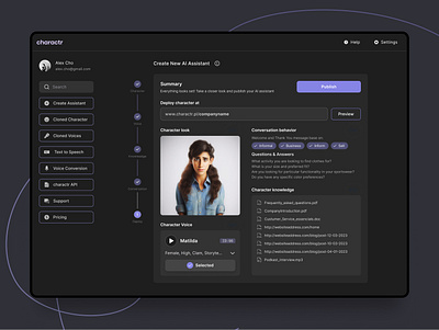 Ai Assistant MVP ai asistent ai character dark mode generative ai product design sidebar navigation steps indicator virtual assisten voice cloning web app