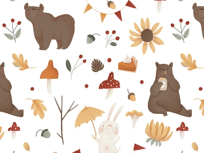 Autumn friends - seamless pattern animals autumn bear cartoon cozy creative market cute design elements fall floral flower illustration pattern seamless pattern sunflower