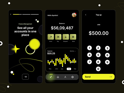 Finance Mobile App Design android app android design android ui app ayesha riaz black theme colorful dark theme design finance interface minimal mobile app mobile ui ui user interface ux uxui web interface yellow