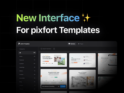 New pixfort Templates Interface branding categories clean design elementor layouts library pages pixfort plugin premade sections tabs tailwind templates theme ui ux web design wordpress