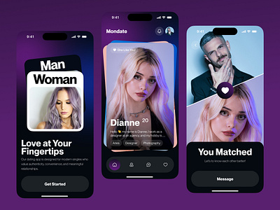 Mondate - Dating Mobile App app design application black bumble chat clean creative dark mode date dating design friends macth minimalist mobile purple social app tinder uiux