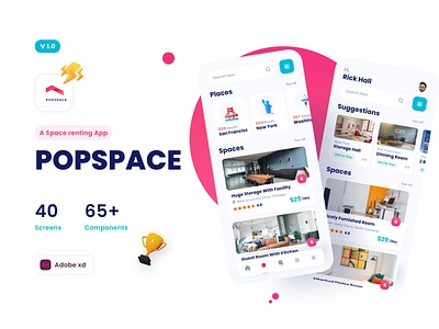 PopSpace - A Space Renting App adobe xd app design branding clean concept design figma interface minimal modern rent renting space renting ui ui design uiux ux