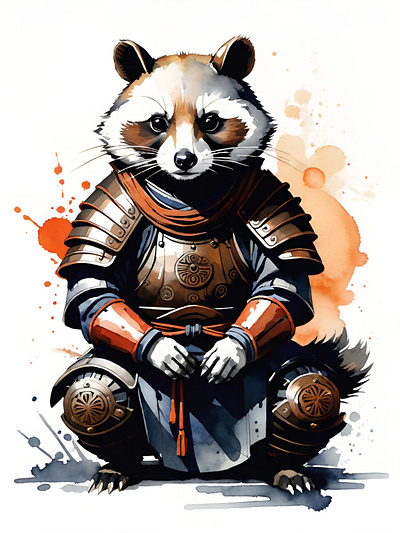 This tanuki isn't messing around. dog japan japanese raccoon samurai tanuki warrior watercolor