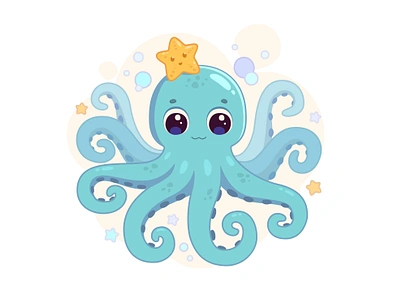 A cute octopus and his friend a starfish childrens drawing mascot squid арт иллюстрация