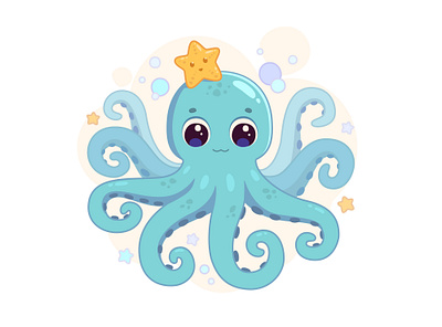 A cute octopus and his friend a starfish childrens drawing mascot squid арт иллюстрация