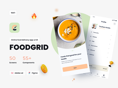 FoodGrid - Online Food Delivery App adobe xd app app design branding concept delivery figma flat food food delivery interaction interface interface design minimal online ui ui design ui kit uiux ux