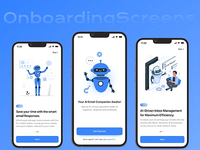 AI-Mail Onboarding Screens ai botdesign chatbot email figma mail mobileapp onboardignscreens splashscreen ui uibuttons uidesign uiux userinterface welcomescreen