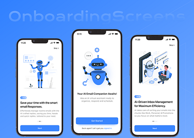 AI-Mail Onboarding Screens ai botdesign chatbot email figma mail mobileapp onboardignscreens splashscreen ui uibuttons uidesign uiux userinterface welcomescreen