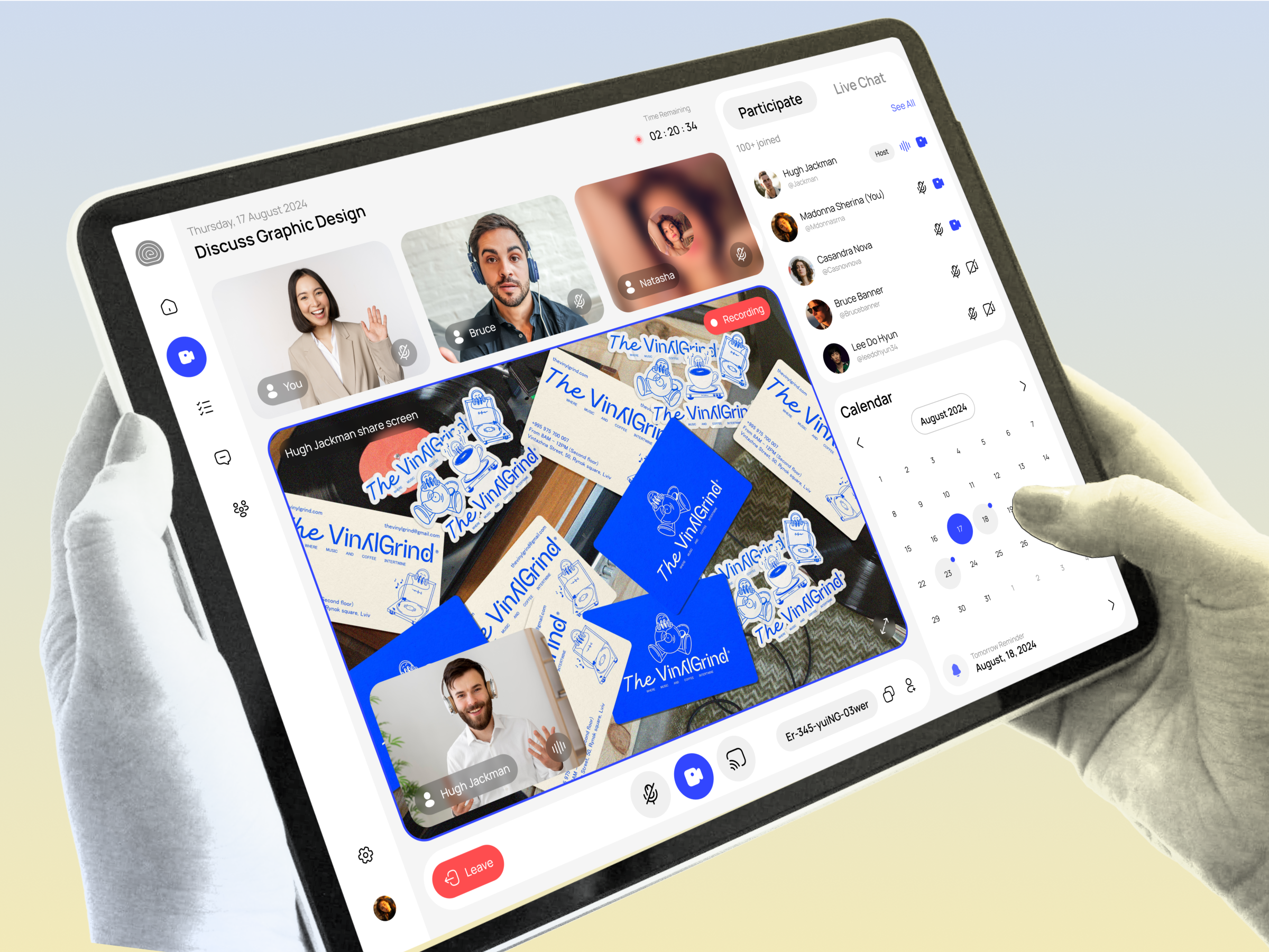 MeetOn - Video Conference Desktop App UI Kit ai assisten calendar conference dark mode discuss dpopstudio invite people livechat meet meeting meeton schedule setting share screen